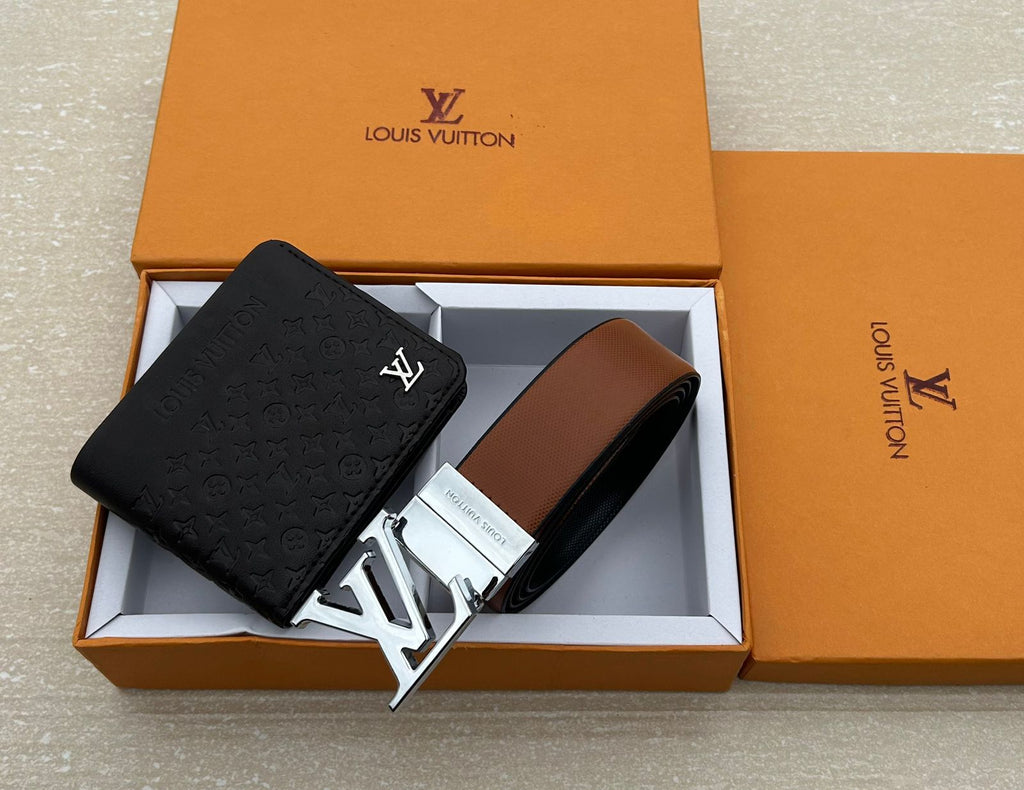 louis vuitton belt and wallet brown premium quality combo