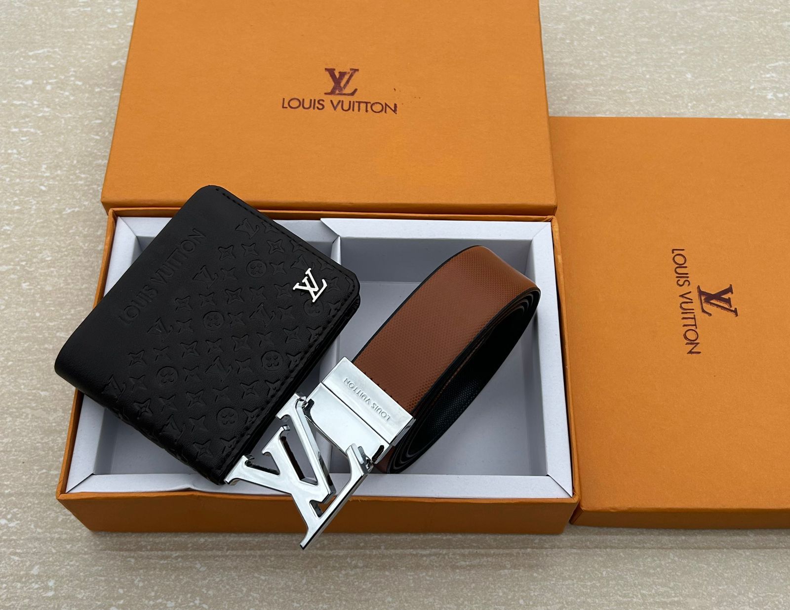 louis vuitton belt and wallet brown premium quality combo