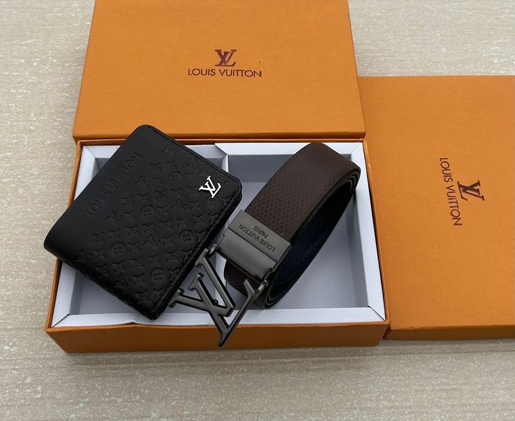 louis vuitton belt and wallet brown premium quality combo