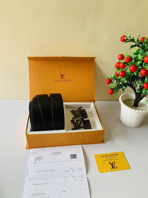 louis vuitton black and gray 2 pcs buckle combo both box full kit