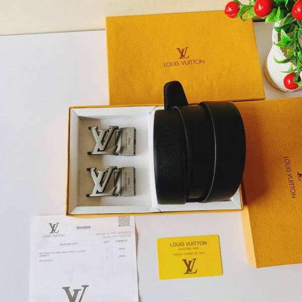 louis vuitton black and gray 2 pcs buckle combo  printed premium quality belt