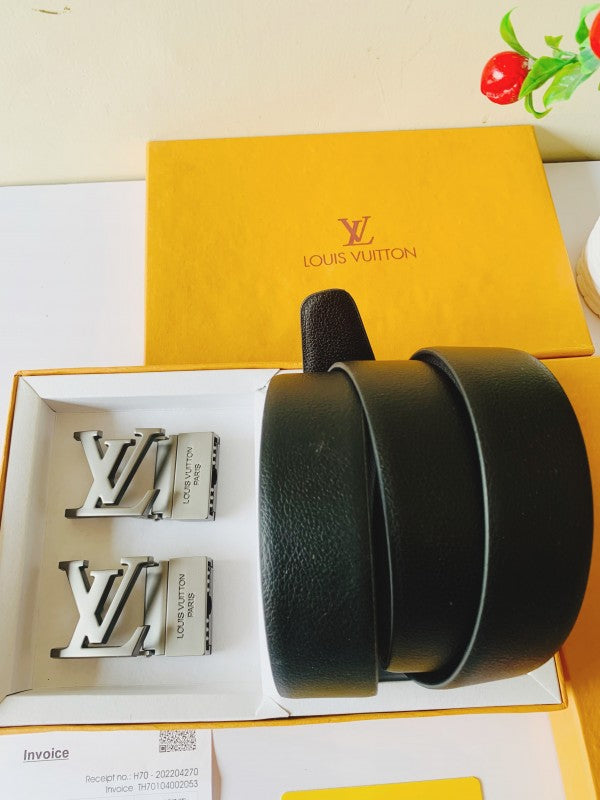 louis vuitton black and gray 2 pcs buckle combo  printed premium quality belt
