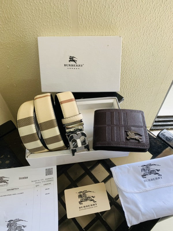 Burberry printed premium quality belt and wallet combo