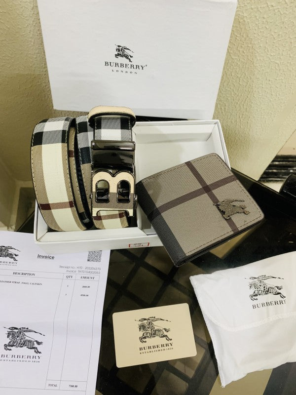 Burberry printed premium quality belt and wallet combo