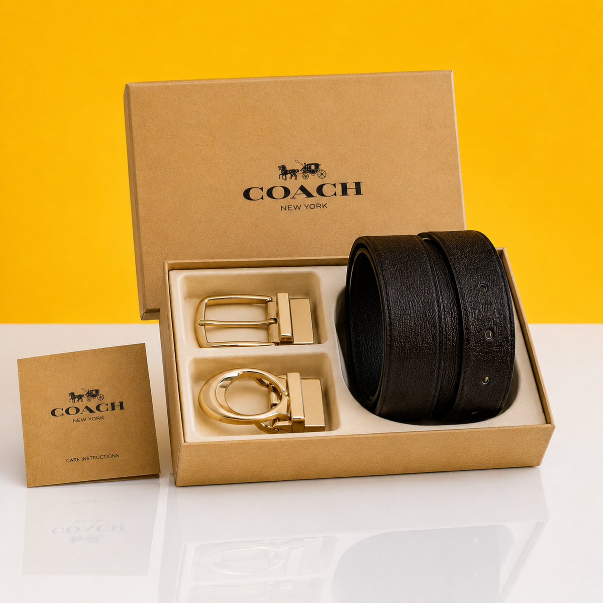 Coach golden brown 2-piece buckle combo belt