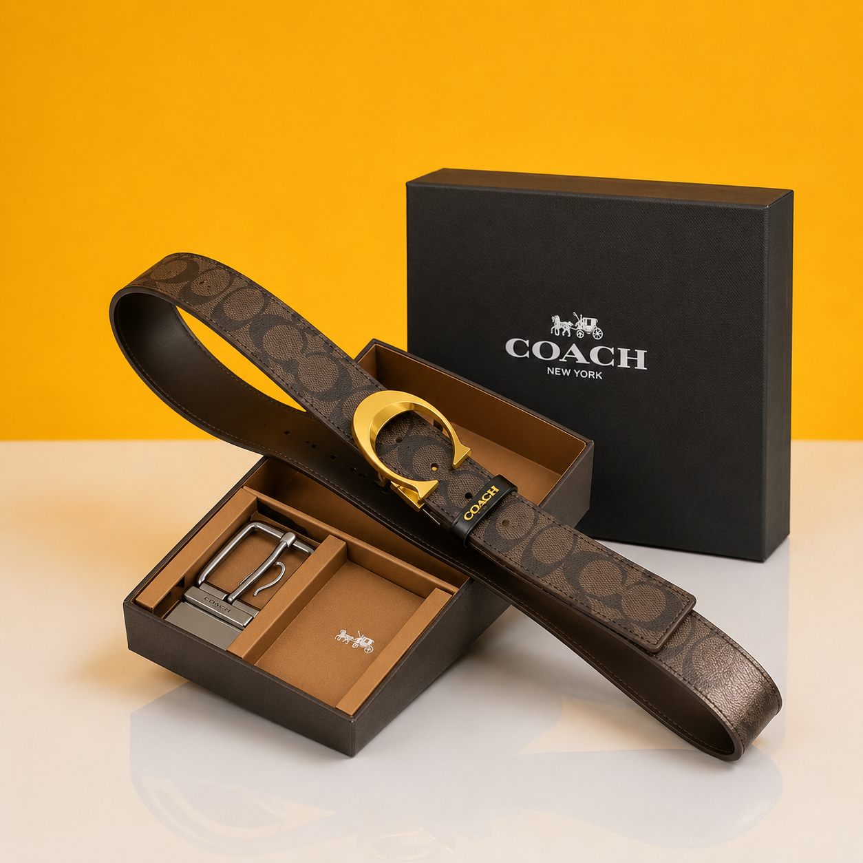 Coachh Luxurious Embossed Leather Strap 2 pcs Buckle Combo Belt