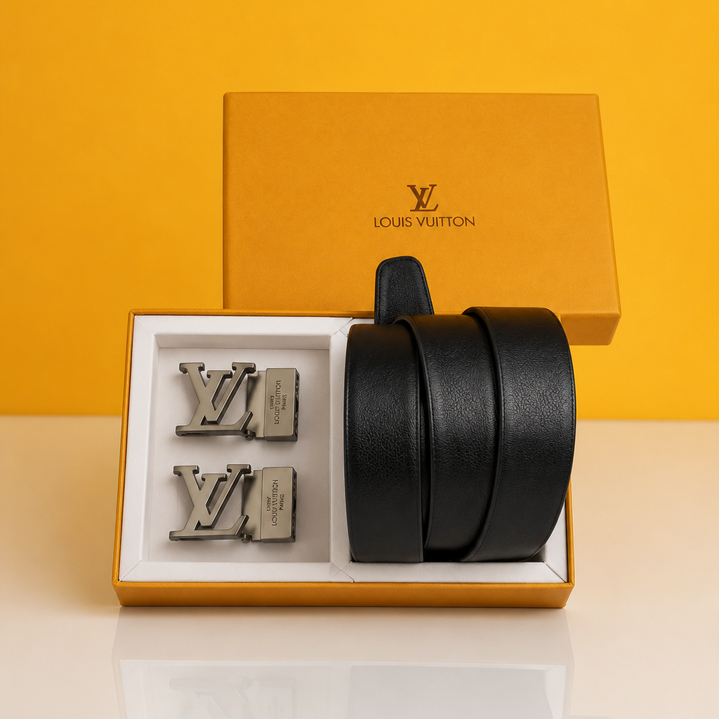 louis vuitton black and gray 2 pcs buckle combo  printed premium quality belt