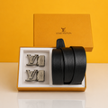 louis vuitton black and gray 2 pcs buckle combo  printed premium quality belt
