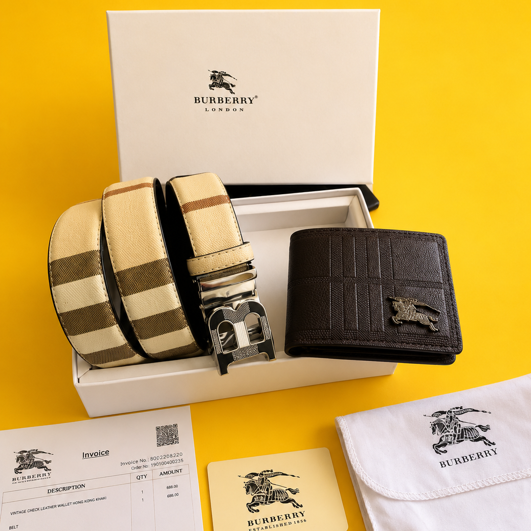 Burberry printed premium quality belt and wallet combo