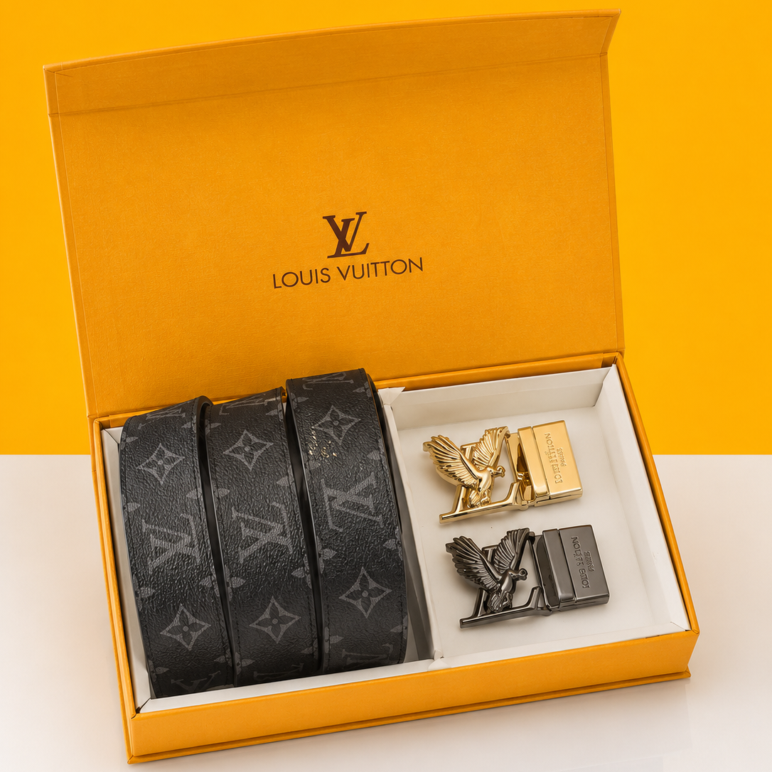 louis vullton premium quality 2 pcs buckle belt combo