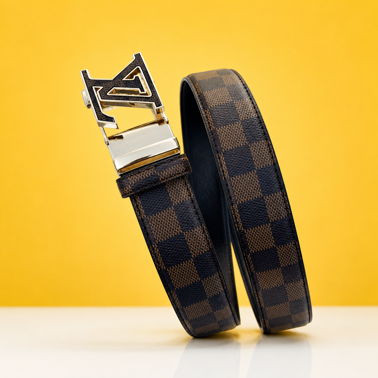 Luis Vuiitton Brown And Gold Premium Belt For Men