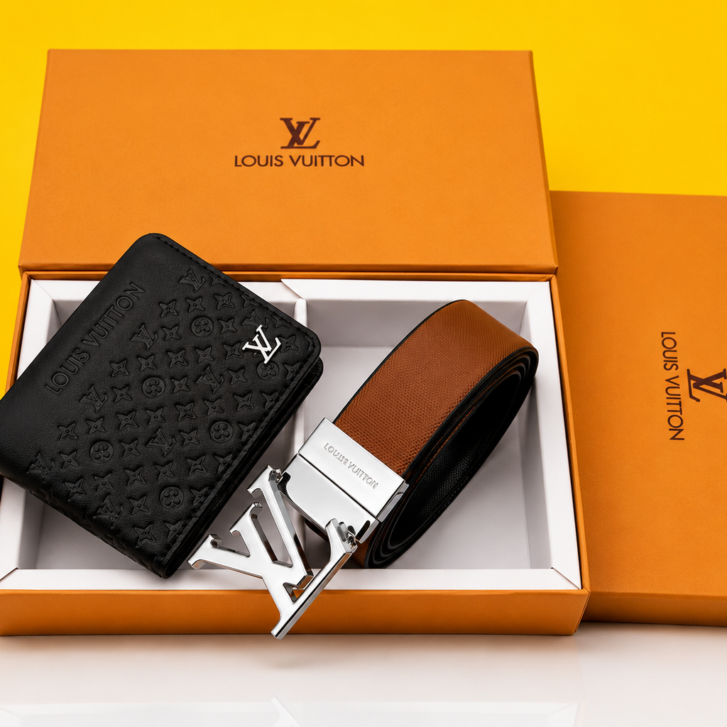 louis vuitton belt and wallet brown premium quality combo