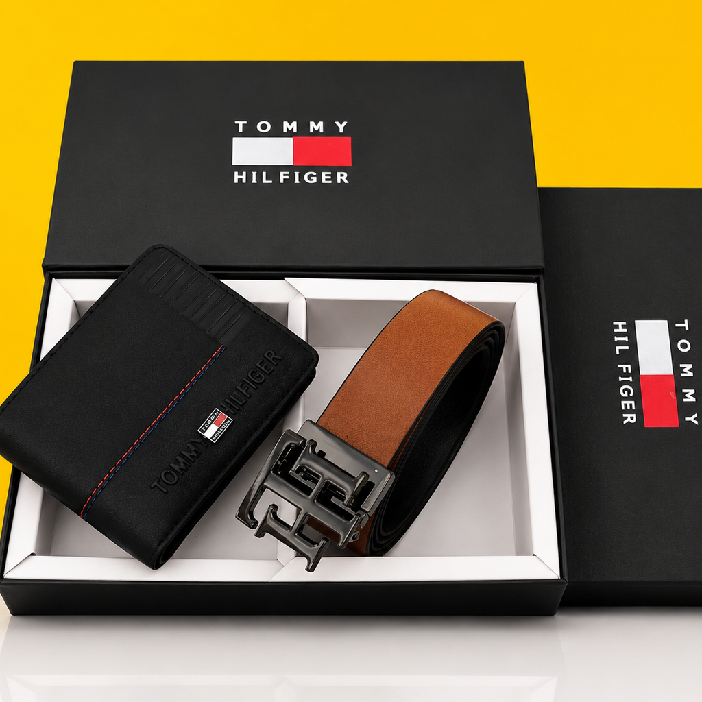 tommy hilfiger belt and wallet black buckle premium quality combo