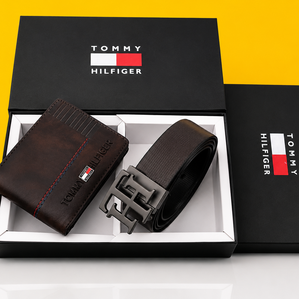 TOMMY HILFIGER BELT AND WALLET BLACK  PREMIUM QUALITY COMBO