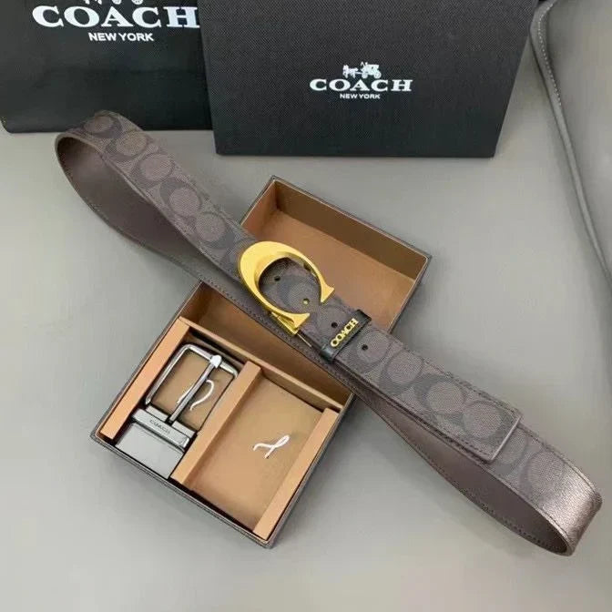 Coachh Luxurious Embossed Leather Strap 2 pcs Buckle Combo Belt