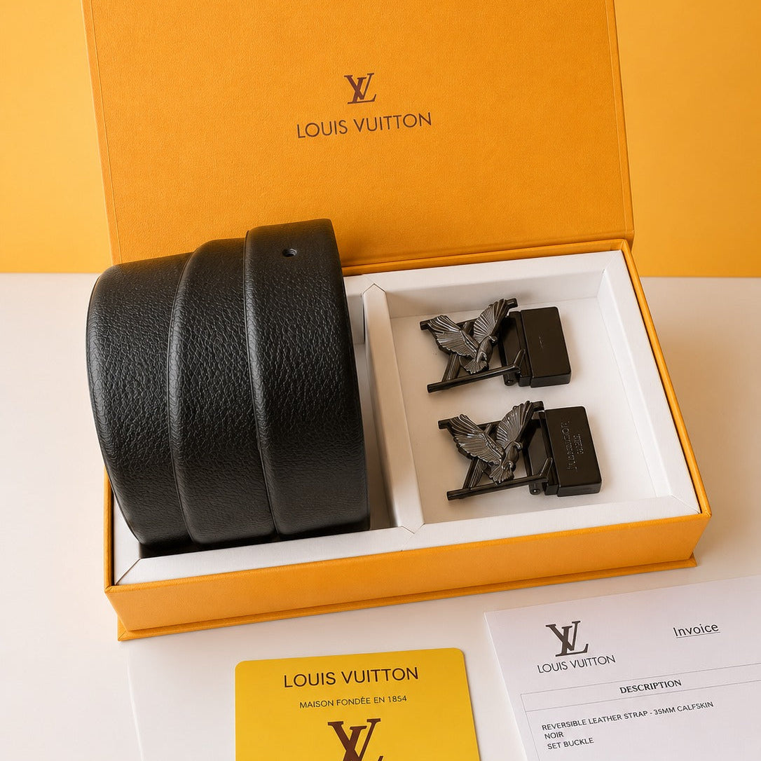 louis vuitton black and gray 2 pcs buckle combo both box full kit