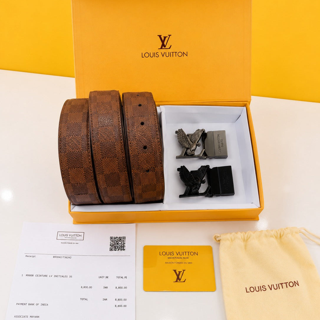 LV Louis Vuitton Printed Premium Quality 2pcs Buckle Belt Combo