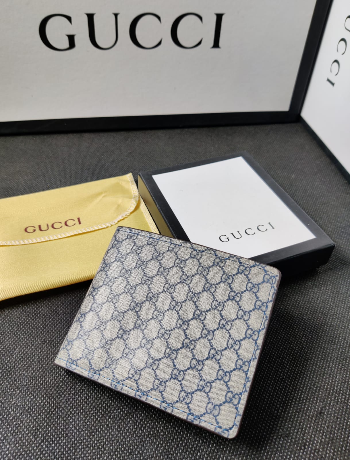 gucci leather heavy qyality blue full printed design fancy look wallet for man